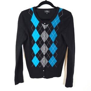 Apt 9 Argyle Cashmere Cardigan Women's SM Black Blue Classic Academia Festive